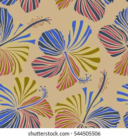 Seamless vector tropical design with hibiscus, leaves and buds on a beige background. Exotic multicolor flowers in allover composition. Multicolor pattern for summer fashion, interior, wallpaper.