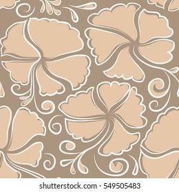 Seamless vector tropical design with hibiscus in beige colors. Pattern for summer fashion, interior, wallpaper. Vector illustration. Exotic flowers in allover composition.