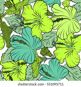 Seamless vector tropical design with hibiscus on a white background in green colors. Exotic flowers in allover composition. Pattern for summer fashion, interior, wallpaper.