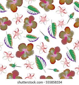 Seamless vector tropical design with hibiscus, leaves and buds on a white background. Exotic multicolor flowers in allover composition. Multicolor pattern for summer fashion, interior, wallpaper.