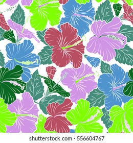 Seamless vector tropical design with hibiscus on a white background in green and pink colors. Exotic flowers in allover composition. Pattern for summer fashion, interior, wallpaper.