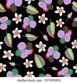 Seamless vector tropical design with hibiscus on a black background in green and brown colors. Exotic flowers in allover composition. Pattern for summer fashion, interior, wallpaper.