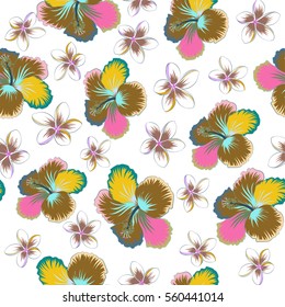 Seamless vector tropical design with hibiscus on a white background in blue and green colors. Exotic flowers in allover composition. Pattern for summer fashion, interior, wallpaper.