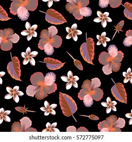 Seamless vector tropical design with hibiscus, leaves and buds on a black background. Exotic multicolor flowers in allover composition. Multicolor pattern for summer fashion, interior, wallpaper.