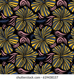 Seamless vector tropical design with hibiscus on a black background in pink, blue and yellow colors. Exotic flowers in allover composition. Pattern for summer fashion, interior, wallpaper.