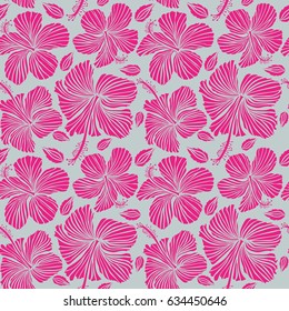 Seamless vector tropical design with hibiscus on gray background. Exotic flowers in allover composition. Multicolor pattern for summer fashion, interior, wallpaper.