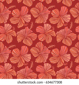 Seamless vector tropical design with hibiscus on red background. Exotic flowers in allover composition. Multicolor pattern for summer fashion, interior, wallpaper.