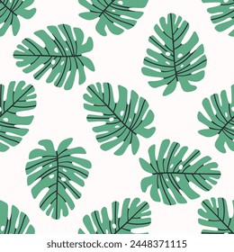 Seamless vector tropical design with monstera palm leaves on white background. Exotic Hawaiian fabric design.