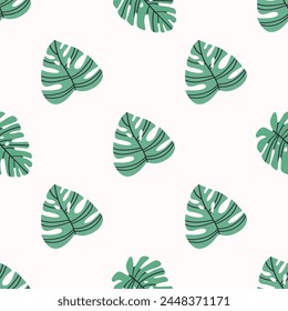 Seamless vector tropical design with monstera palm leaves on white background. Exotic Hawaiian fabric design.