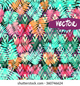 Seamless vector tropical floral and geometric stripe pattern background. Vibrant palm leaves on a rhombus ornament.  