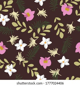 Seamless vector tropical flowers with dark purple background. ideal for fabric, textile, scrapbook, gift wrap, wallpaper, curtains, blankets etc