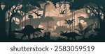 Seamless vector tropical forest with Stegosaurus, Tyrannosaurus, triceratops, Spinosaurus, styracosaurus, Parasaurolophus, Brachiosaurus and pterodactyl