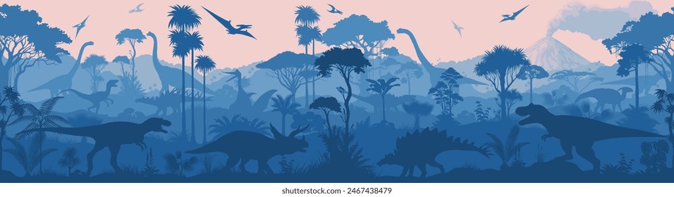 Seamless vector tropical forest with Stegosaurus, Tyrannosaurus, triceratops, quetzalcoatlus,  Parasaurolophus, Brachiosaurus and pterodactyl	