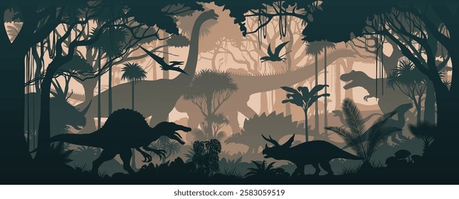 Seamless vector tropical forest with Stegosaurus, Tyrannosaurus, triceratops, Spinosaurus, styracosaurus, Parasaurolophus, Brachiosaurus and pterodactyl