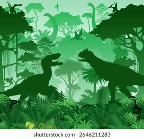 Seamless vector tropical forest with utahrapror, carnotaurus, raptor, Patagotitan, Brachiosaurus and pterodactyl