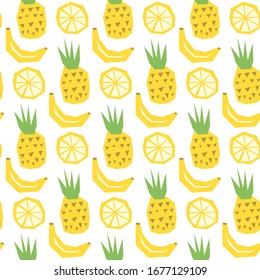 Seamless vector tropical fruits pattern. Trendy pineapples, bananas and lemons background. For fabric, textile, wrapping, cover, web etc. 10 eps exotic design.