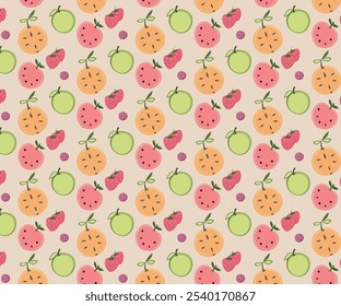 Seamless vector tropical fruits pattern with pastel color flat illustration. Design for decorative, wallpaper, shirts, clothing, tablecloths, wrapping, textile, fabric, texture.