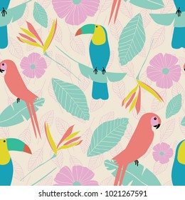 Seamless vector tropical garden pattern with parrots, toucans, leaves, flowers in pink, blue, yellow, green with etched leaf background elements. Great for fabric, wallpaper, wrapping paper design.