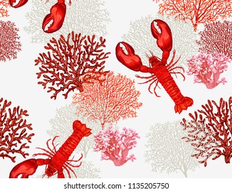 Seamless vector tropical marine pattern background  with lobster, corals isolated on white background. Abstract geometric texture. Perfect for wallpapers, web page backgrounds, surface textures