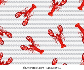 Seamless vector tropical marine pattern background with lobster on abstract stripes  background. Abstract geometric texture. Perfect for wallpapers, web page backgrounds, surface textures