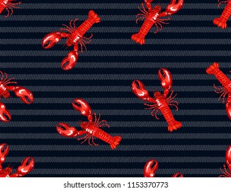 Seamless vector tropical marine pattern background with lobster on abstract stripes  background. Abstract geometric texture. Perfect for wallpapers, web page backgrounds, surface textures