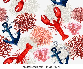 Seamless vector tropical marine pattern background with lobster, anchor, corals isolated on white background. Abstract geometric texture. Perfect for wallpapers, web page backgrounds, surface textures