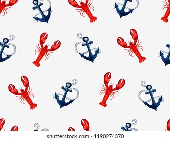 Seamless vector tropical marine pattern background with lobster, anchor  on white background  background. Abstract  geometric texture. Perfect for wallpapers, web page backgrounds, surface textures