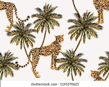 Seamless vector tropical marine pattern background with leopard, palms isolated on white background. Abstract geometric texture. Perfect for wallpapers, web page backgrounds, surface textures