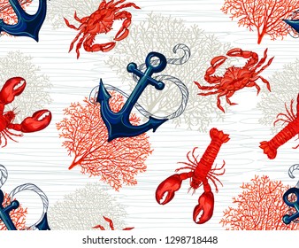 Seamless vector tropical marine pattern background with lobster, anchor, corals, crabs  isolated on white background. Abstract geometric texture. 