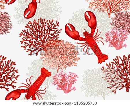 Seamless vector tropical marine pattern background  with lobster, corals isolated on white background. Abstract geometric texture. Perfect for wallpapers, web page backgrounds, surface textures