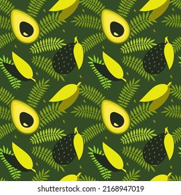 Seamless vector tropical pattern with avocado on green backgorund. Modern concept for fabric and paper, surface textures.