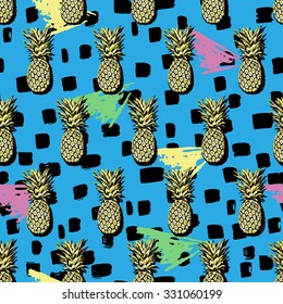 Seamless vector tropical pattern background with hand drawn pineapples and abstract geometric texture.