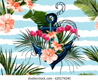 Seamless vector tropical pattern background with anchor,  hibiscus, orchid,  palm leaves. Abstract geometric texture, stripes. Perfect for wallpapers, web page backgrounds, surface textures, textile.