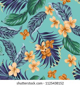 Seamless vector tropical pattern. beautiful palm leaves, ficus, plumeria, frangipani. Aloha style repeating design. 