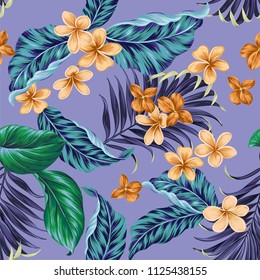 Patrón tropical vectorial sin problemas. hermosas hojas de palma, ficus, plumería, frangipani. Diseño repetido estilo Aloha. 