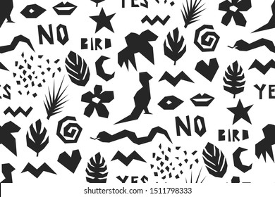 Seamless vector tropical pattern. Black silhouettes of wildlife elements background. For fabric, textile, cover, wrapping, web etc. 10 eps stylish exotic  design. 