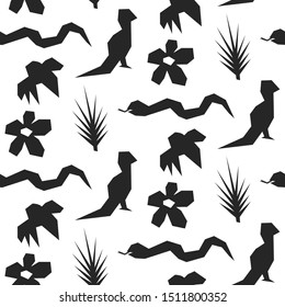 Seamless vector tropical pattern. Black silhouettes of wildlife elements background. For fabric, textile, cover, wrapping, web etc. 10 eps. 