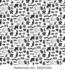 Seamless vector tropical pattern. Black silhouettes of wildlife elements background. For fabric, textile, cover, wrapping, web etc. 10 eps stylish exotic  design. 