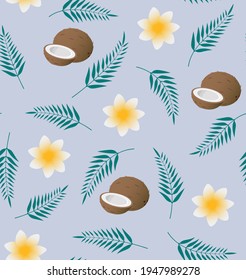 Seamless vector tropical pattern with coconut, palm leaves and plumeria on blue background.