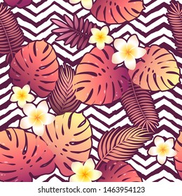 Seamless vector tropical pattern with colorful exotic leaves and flowers on geometrical ornament