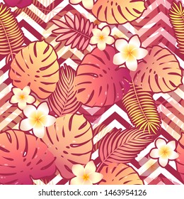 Seamless vector tropical pattern with colorful exotic leaves and flowers on geometrical ornament