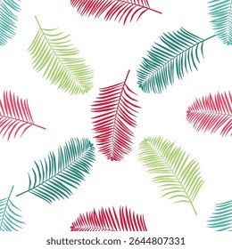 Seamless vector tropical pattern with colorful palm leaves in red, green, and teal on a white background. Modern and vibrant botanical design perfect for fabric, wrapping, wallpapers, digital covers