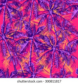 Seamless vector tropical pattern depicting palm trees on the bright pink background