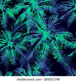 Seamless Vector  Tropical Pattern Depicting  White Palm Tree On A Black Background