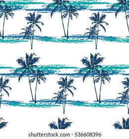 Seamless vector tropical pattern depicting palm trees on the bright background.