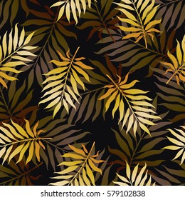 Seamless vector tropical pattern depicting golden palm tree leaves on a black background