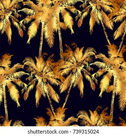 Seamless vector tropical pattern depicting golden palm tree on a black background