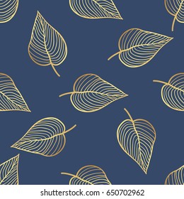 Seamless Vector Tropical Pattern. Tropical Gold Leaves, Jungle Leaves. Beautiful Seamless Vector Fashionable Chic Abstract Tropical Floral Pattern Background