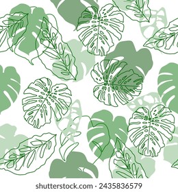 Seamless vector tropical pattern with green monstera palm leaves on dark background. Exotic hawaiian fabric design.