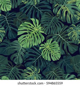 Seamless vector tropical pattern with green monstera palm leaves on dark background. Exotic hawaiian fabric design.